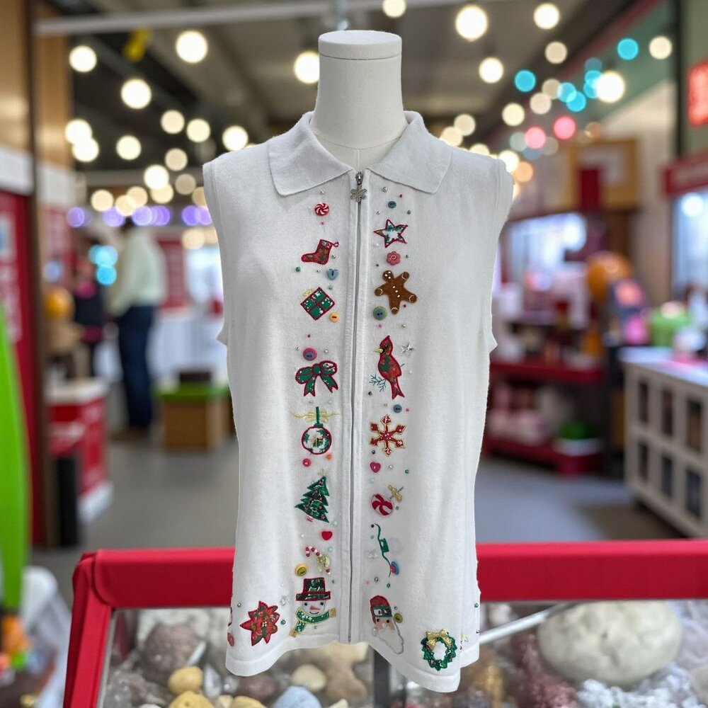 Vintage Christmas‎ Sweater Vest Embroidered Beaded Holiday Knit Ugly Sweatercore